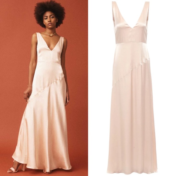 NWT Les Heroines the Wangari satin deep neckline maxi dress/gown with fluted hem - Picture 2 of 8